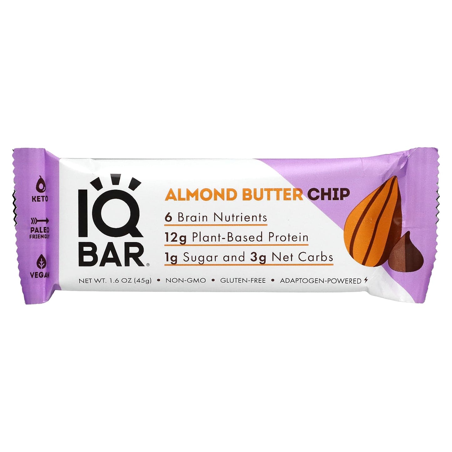 IQBAR, Plant Protein Bar, Almond Butter Chip, 12 Bars, 1.6 oz (45 g) Each