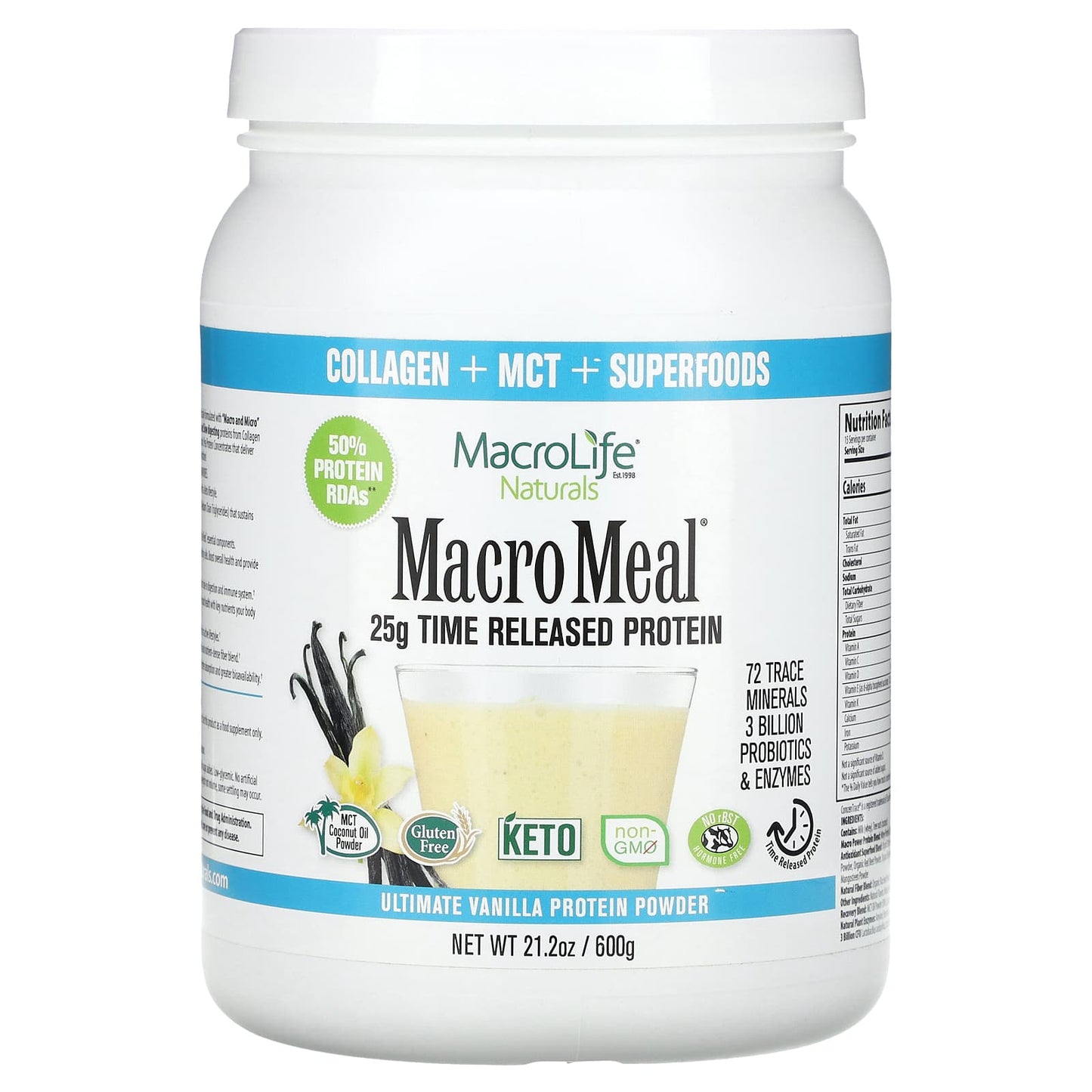 Macrolife Naturals-MacroMeal-Ultimate Protein Powder-Vanilla -21.2 oz (600 g)