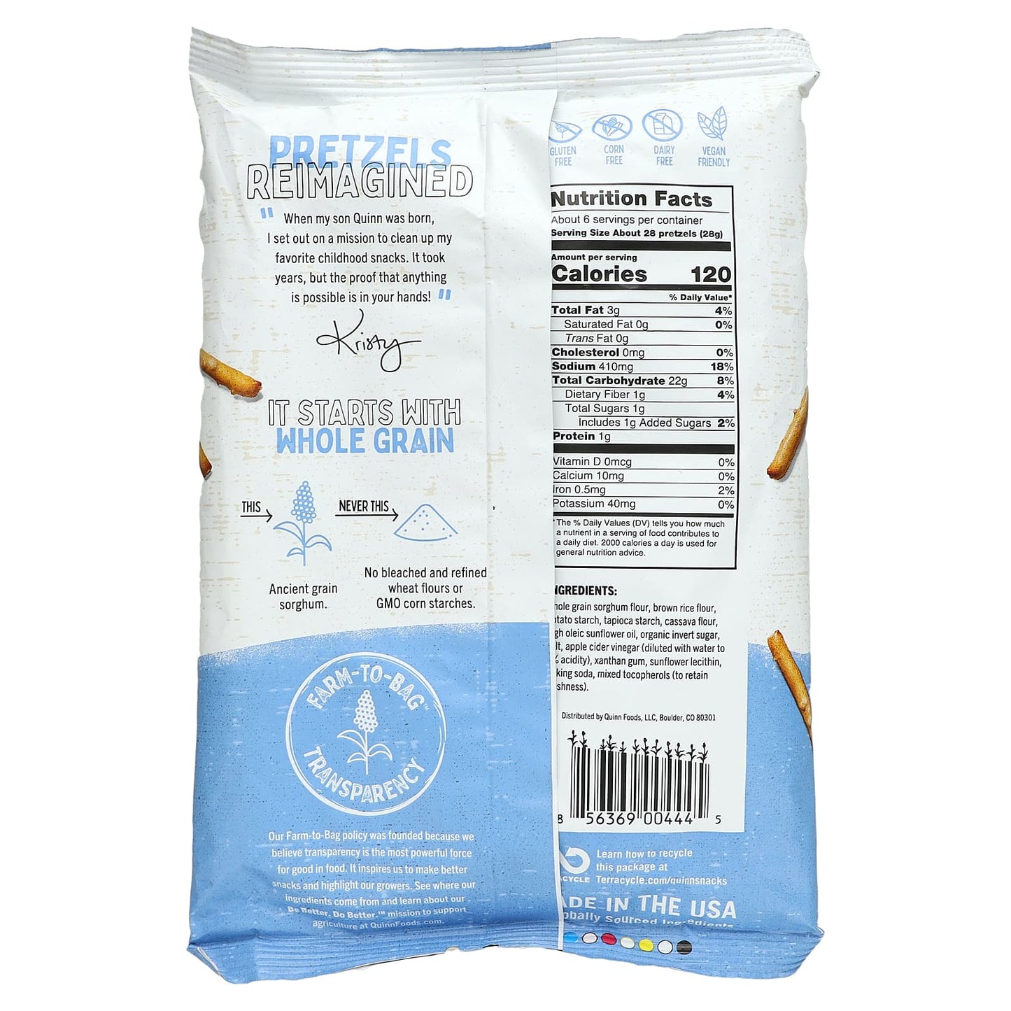 Quinn Snacks, Pretzel Sticks, Whole Grain, Sea Salt, 5.6 oz (159 g)