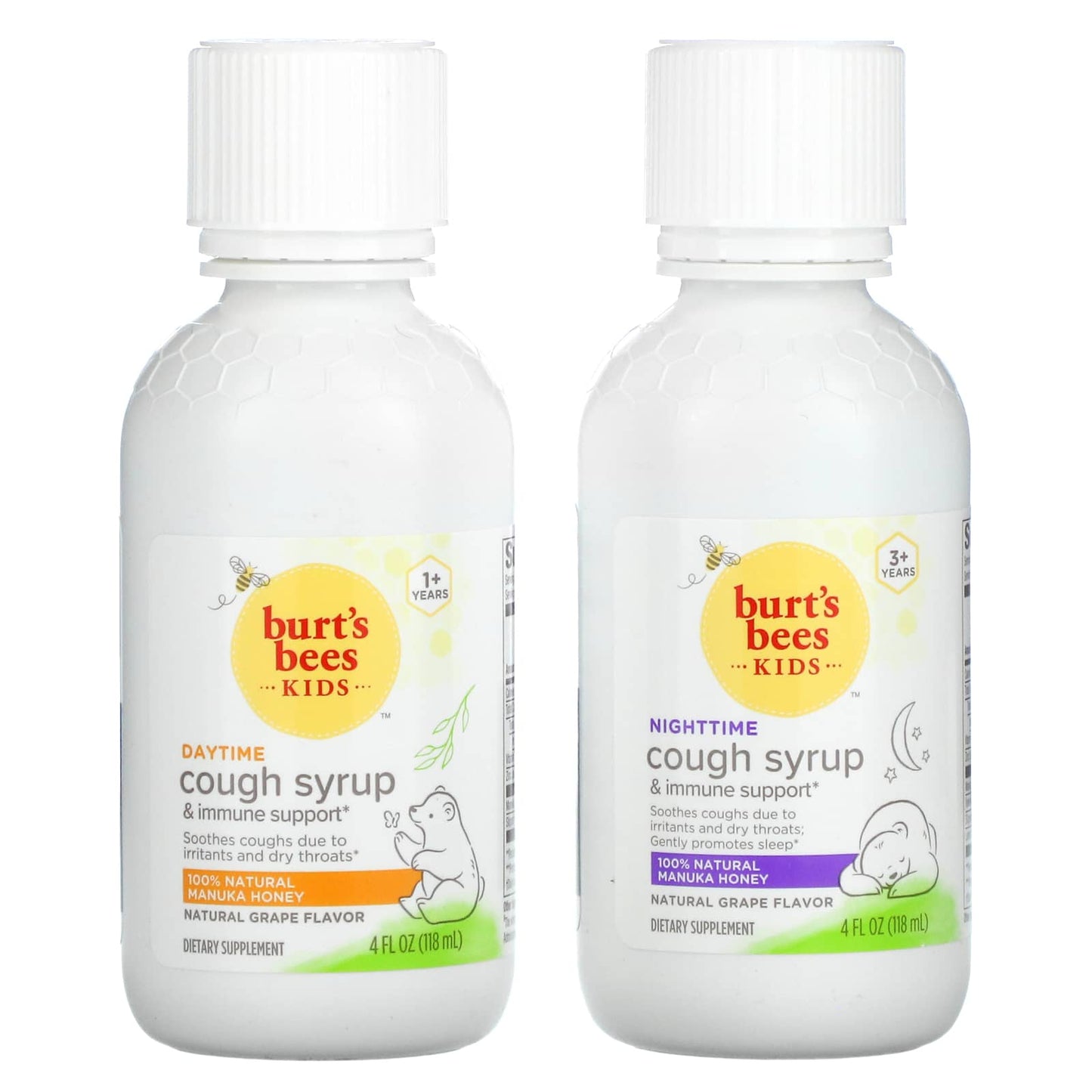 Burt's Bees, Kids, Daytime/Nighttime Cough Syrup & Immune Support, Combo Pack, Natural Grape, 2 Pack, 4 fl oz (118 ml) Each