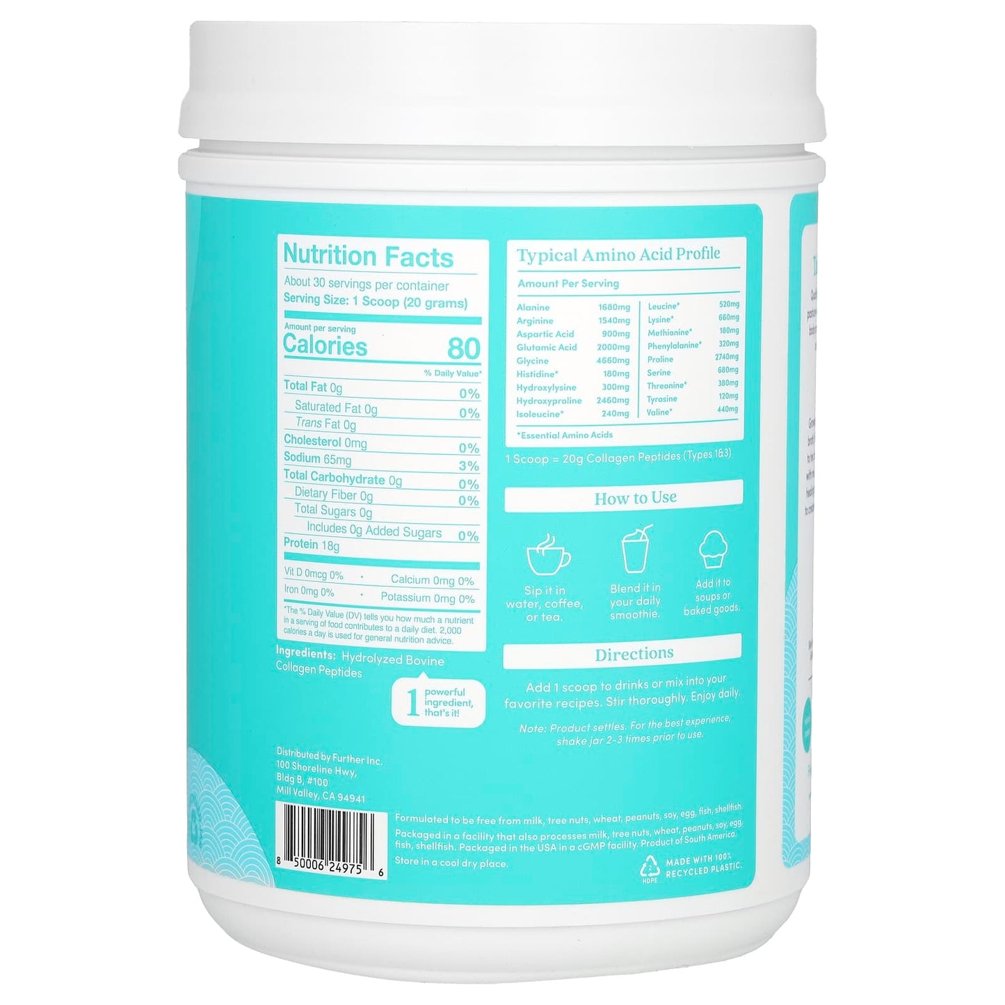 Further Food, Grass-Fed Collagen Peptides, Unflavored, 1.5 lbs (600 g)