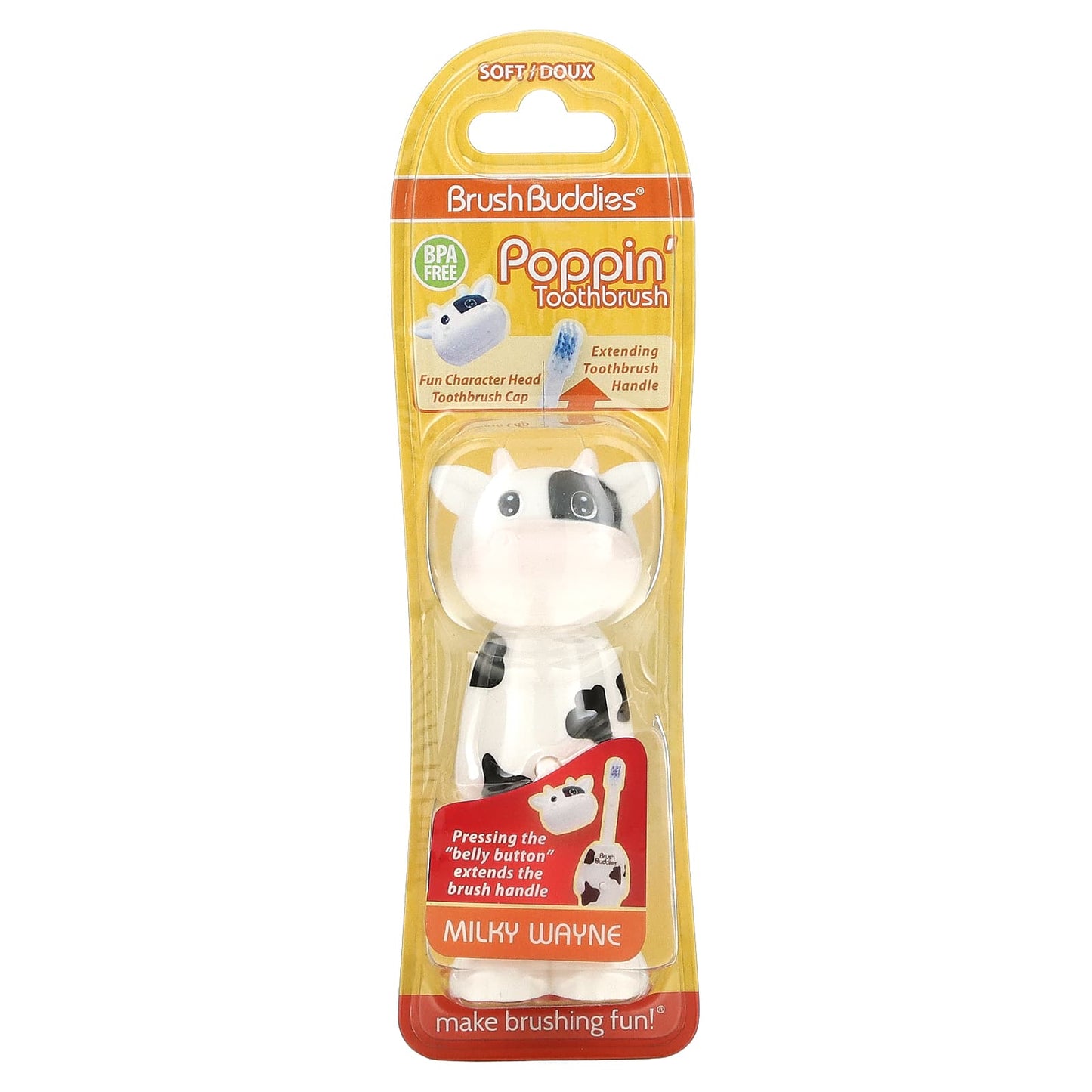 Brush Buddies-Poppin' Toothbrush-Milky Wayne Cow-Soft-1 Toothbrush