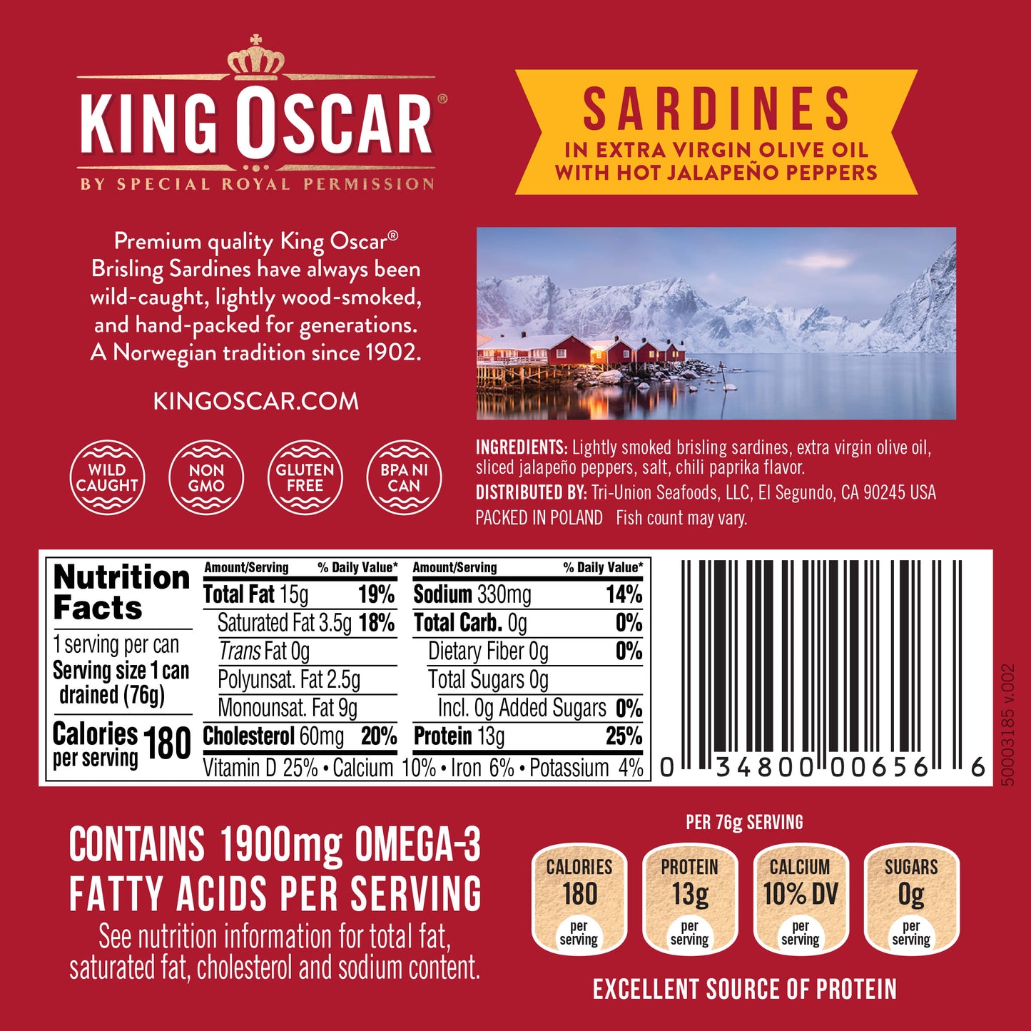 King Oscar, Wild Caught Sardine, In Extra Virgin Olive Oil with Hot Jalapeno Peppers, Hot, Two Layer, 3.75 oz (106 g)