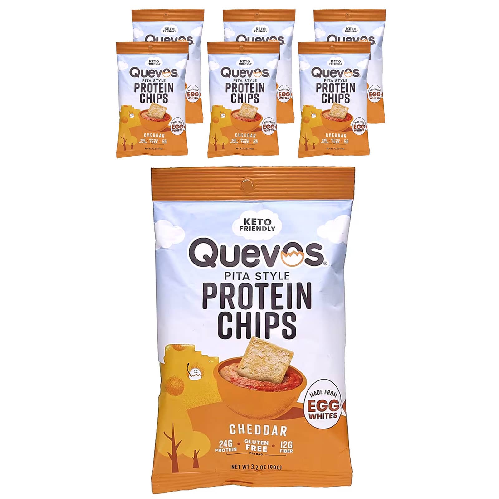 Quevos-Pita Style Protein Chips-Cheddar-6 Family Pack Bags-3.2 oz (90 g) Each