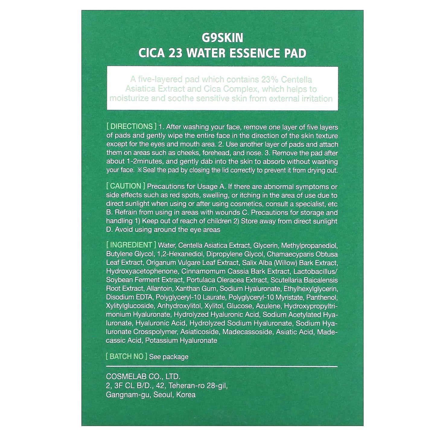 G9skin, Cica 23 Water Essence Pad, 50 Pads, 6.09 fl oz (180 ml)