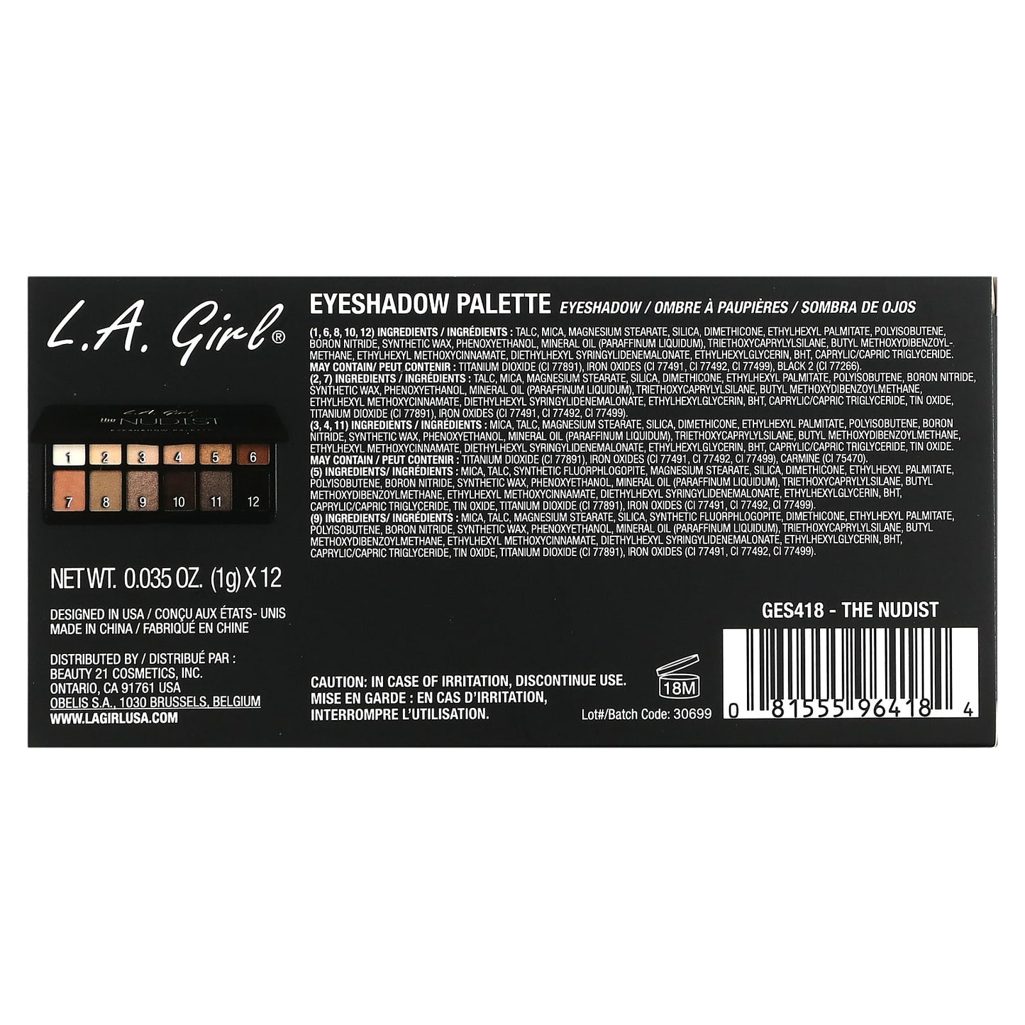 L.A. Girl, The Nudist Eyeshadow Palette, 0.035 oz (1 g) Each