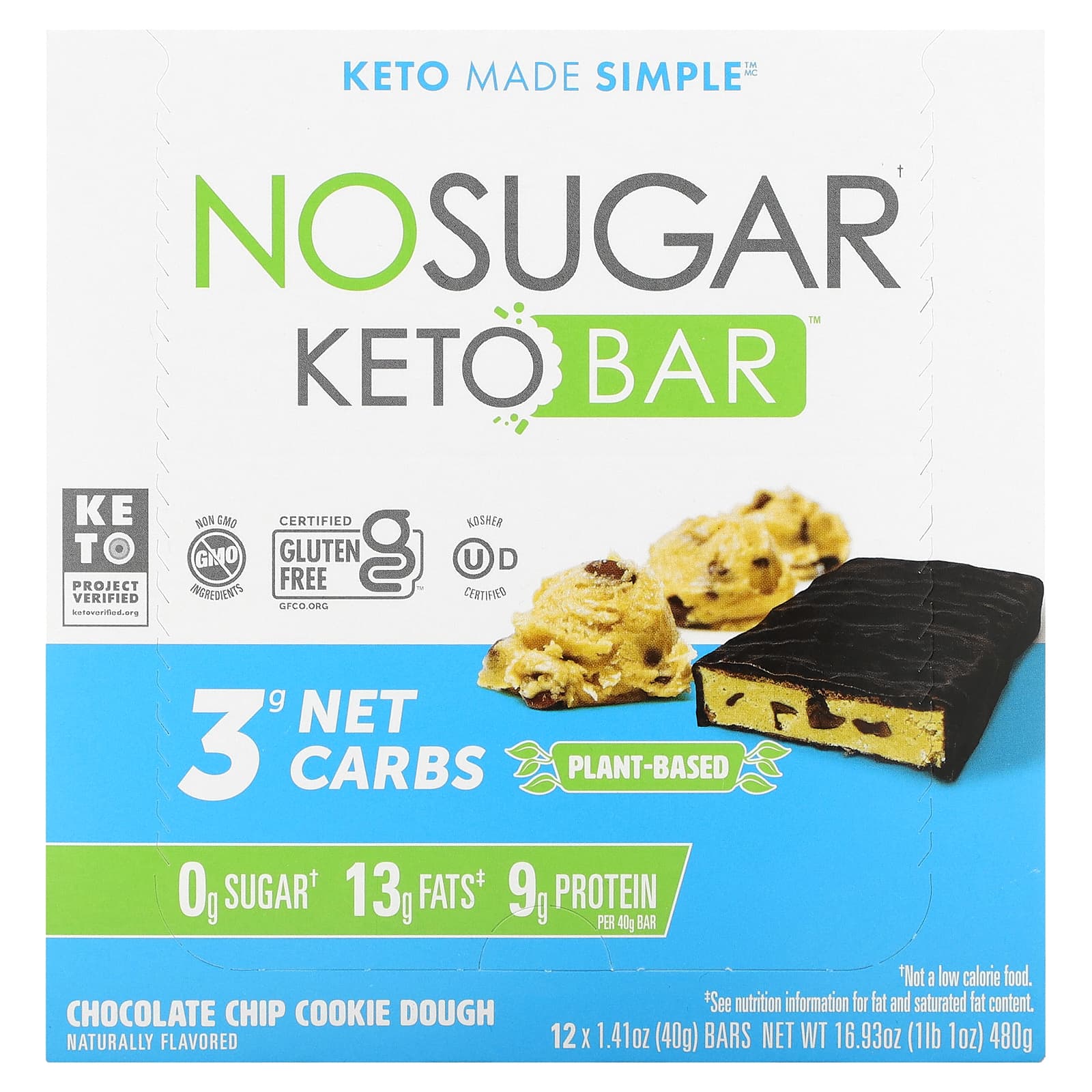 No Sugar Company-Keto Bar-Chocolate Chip Cookie Dough-12 Bars-1.41 oz (40 g) Each