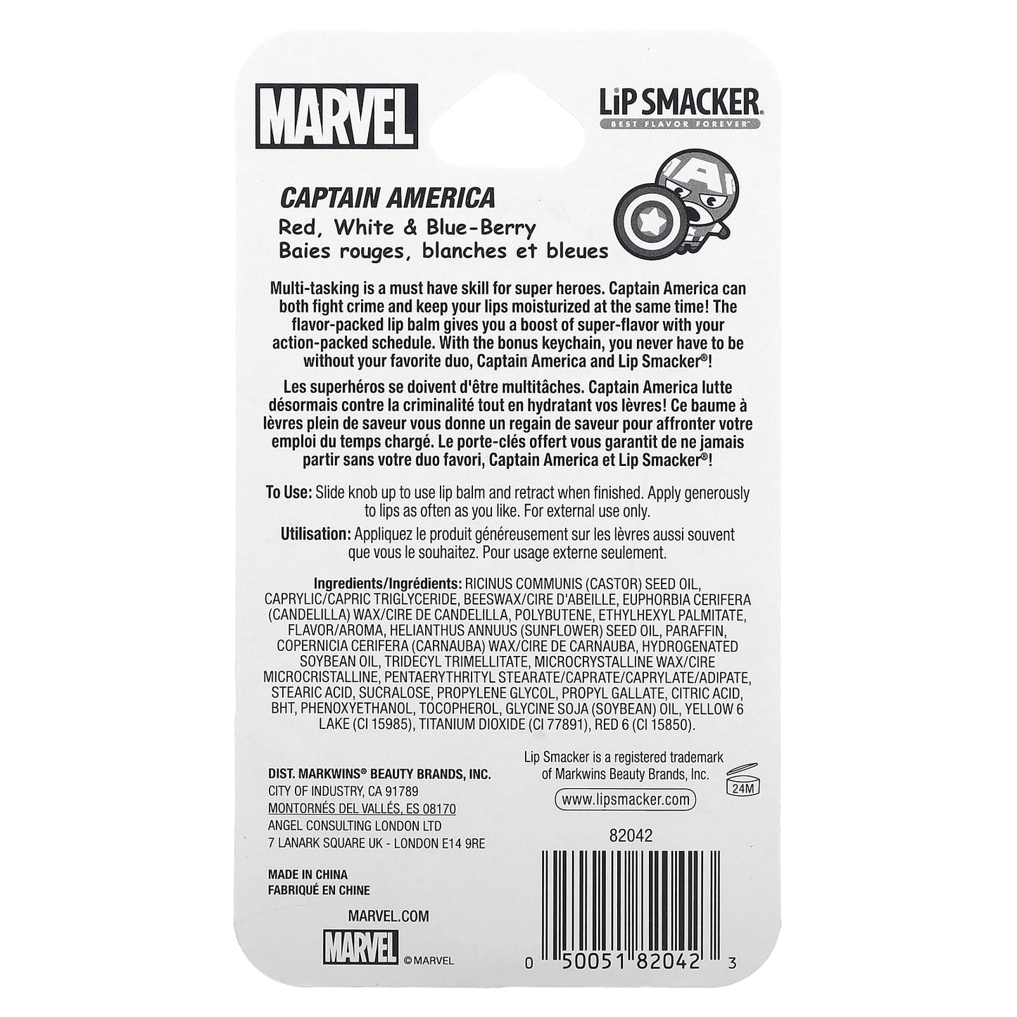 Lip Smacker, Marvel, Lip Balm, Captain America, Red, White & Blue-Berry, 0.14 oz (4 g)