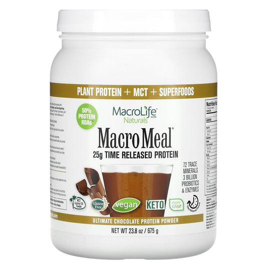 Macrolife Naturals-MacroMeal-Ultimate Protein Powder-Chocolate-23.8 oz (675 g)