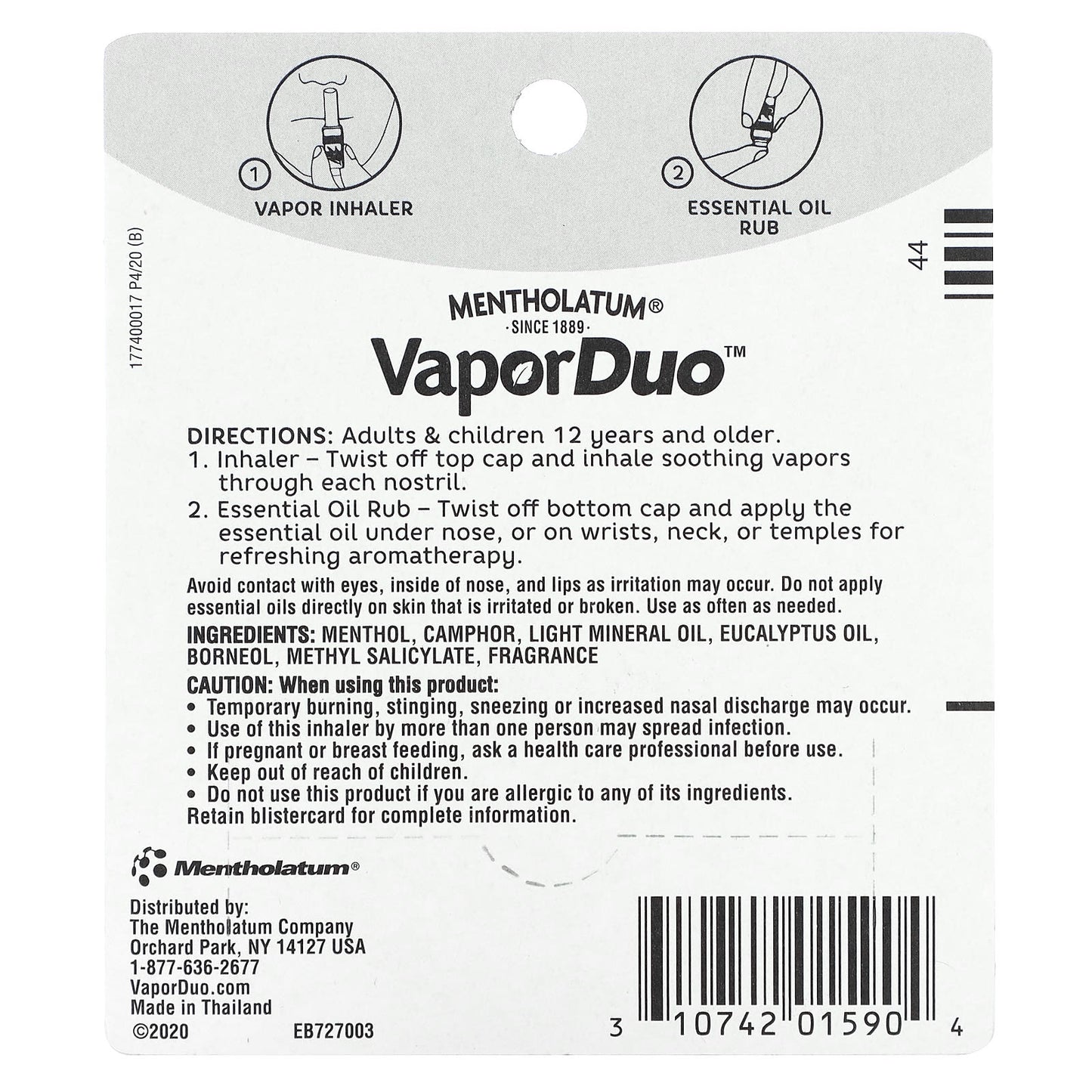 Mentholatum, Vapor Duo, 2 in 1 Aromatherapy with Natural Menthol & Eucalyptus, Rub, 0.04 fl oz (1.2 ml), Inhaler, 0.03 fl oz (0.8 ml)