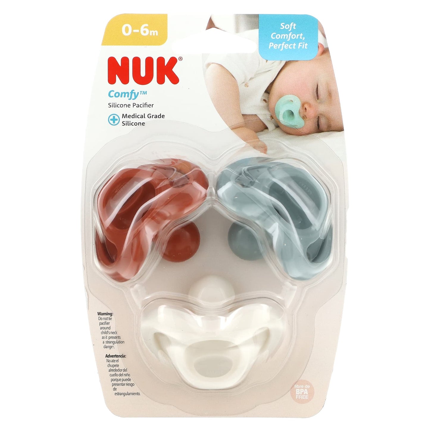 NUK-Comfy Silicone Pacifier-0-6 Months-Earth Tones-3 Pack