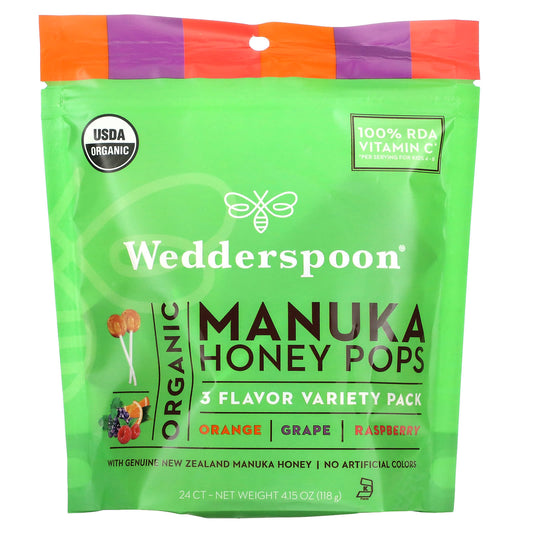 Wedderspoon-Organic Manuka Honey Pops-3 Flavor Variety Pack-24 Count-4.15 oz (118 g)