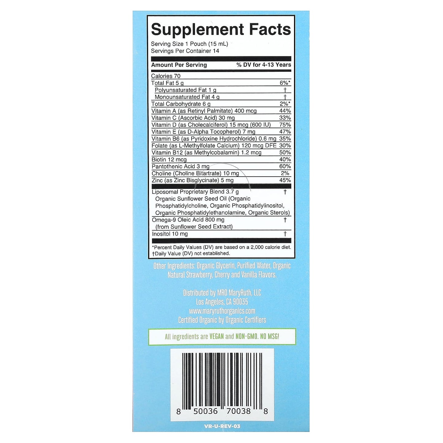 MaryRuth's, Organic Kids Multivitamin Liposomal, Ages 4-13 Years, Strawberry, Cherry, Vanilla, 14 Pouches, 0.5 fl oz (15 ml) Each