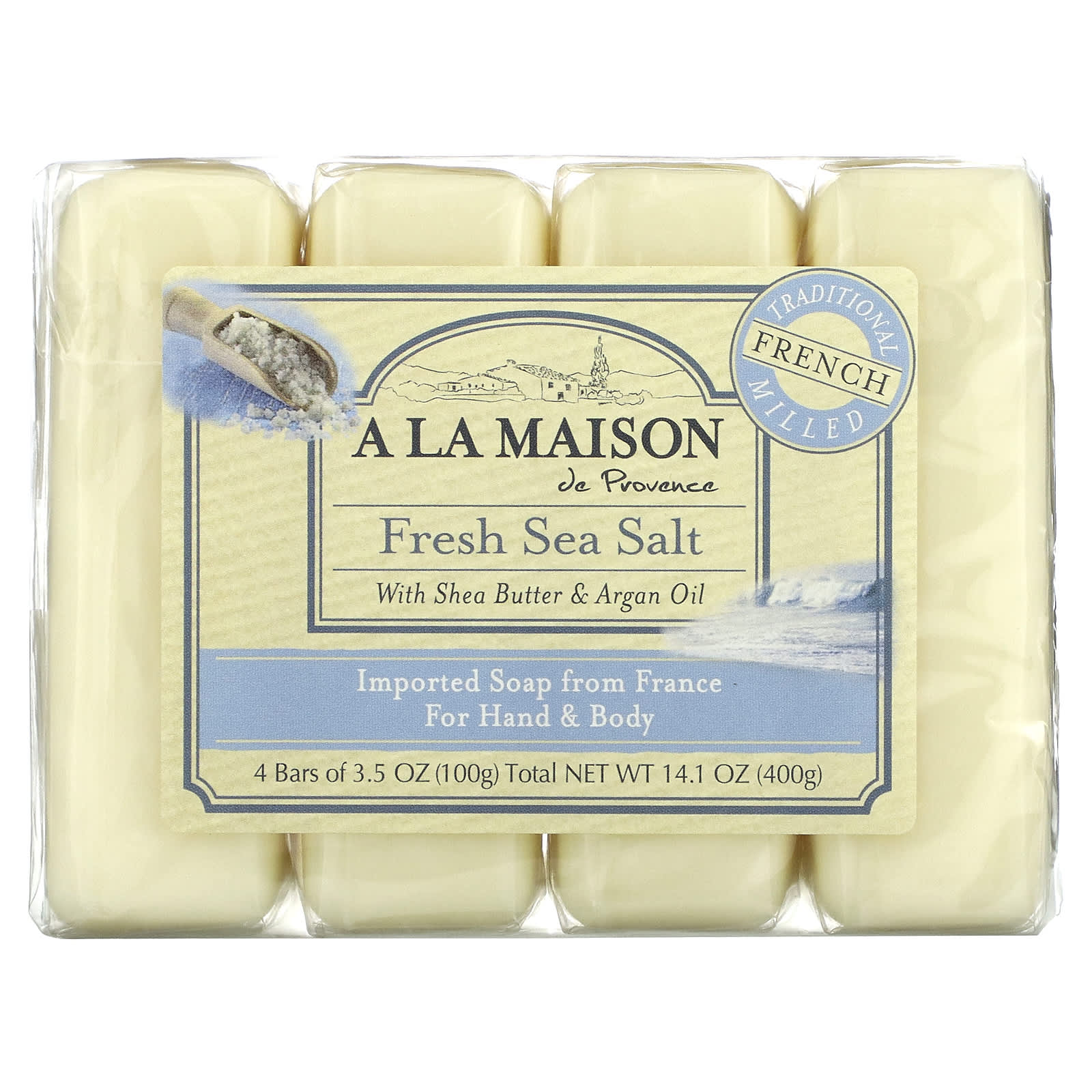 A La Maison de Provence-Hand & Body Bar Soap-Fresh Sea Salt-4 Bars-3.5 oz (100 g) Each