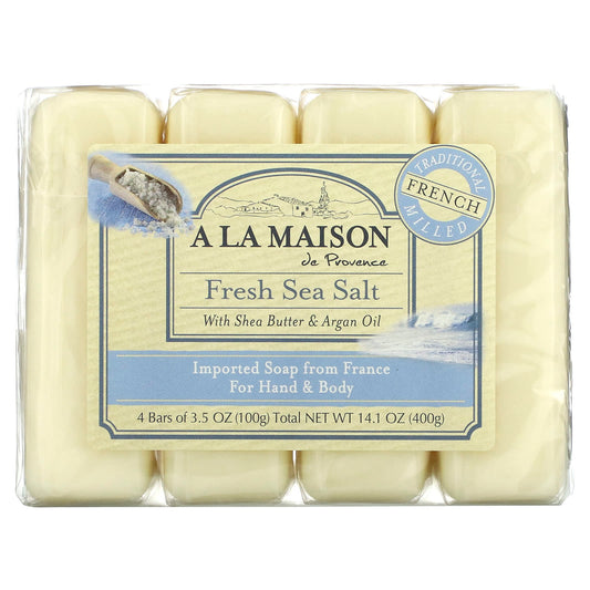 A La Maison de Provence-Hand & Body Bar Soap-Fresh Sea Salt-4 Bars-3.5 oz (100 g) Each