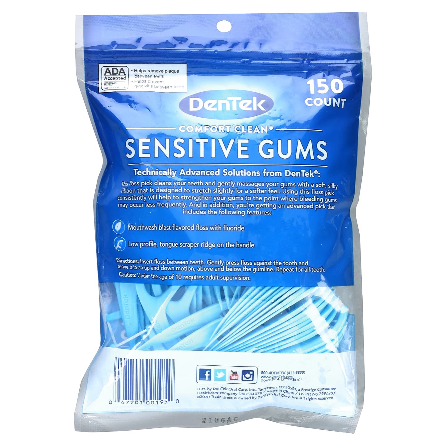 DenTek, Comfort Clean, Sensitive Gums Floss Picks, Mouthwash Blast, 150 Floss Picks