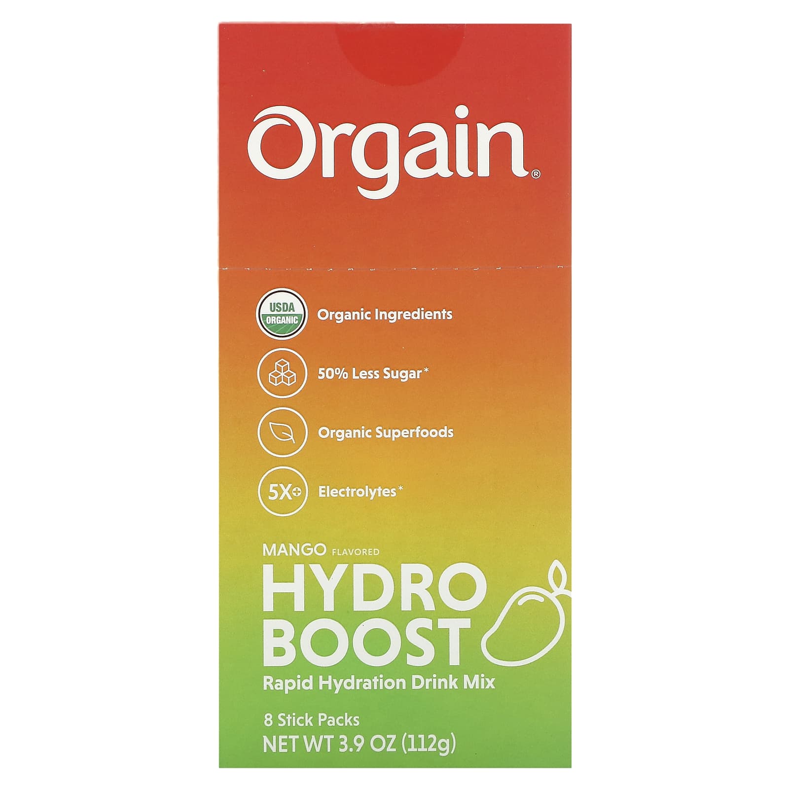 Orgain-Hydro Boost Rapid Hydration Drink Mix-Mango-8 Stick Packs-0.49 oz (14 g) Each