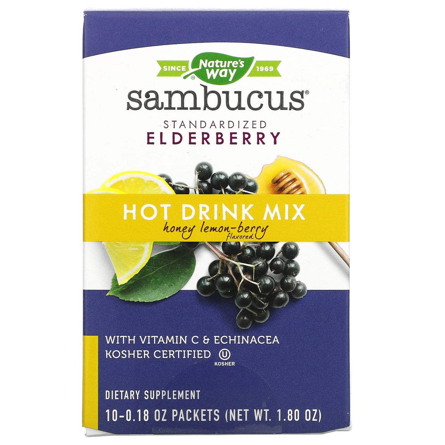 Nature's Way-Sambucus-Hot Drink Mix-Standardized Elderberry-Honey Lemon-Berry -10 Packets (0.18 oz) Each