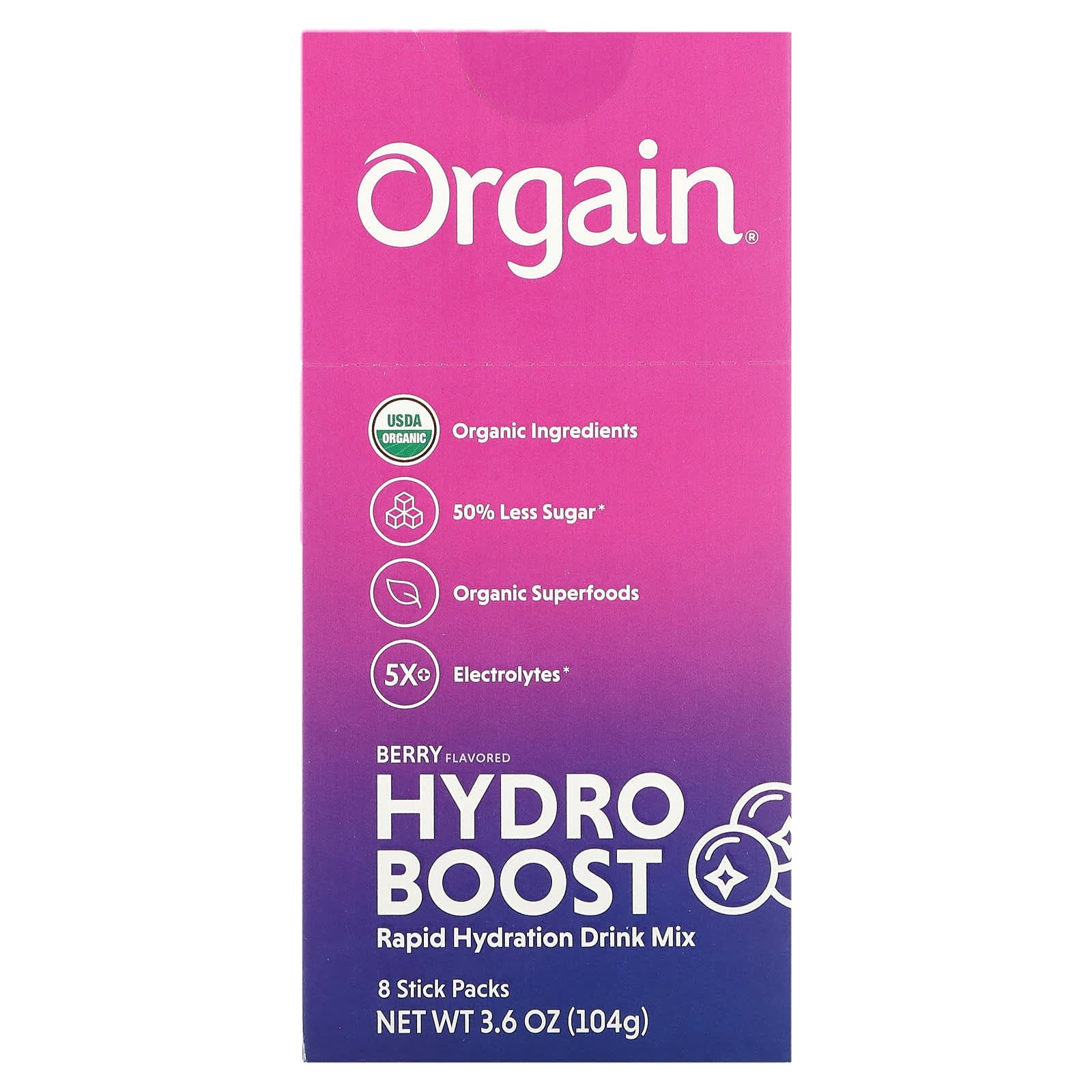 Orgain-Hydro Boost Rapid Hydration Drink Mix-Berry-8 Stick Packs-0.45 oz (13 g) Each