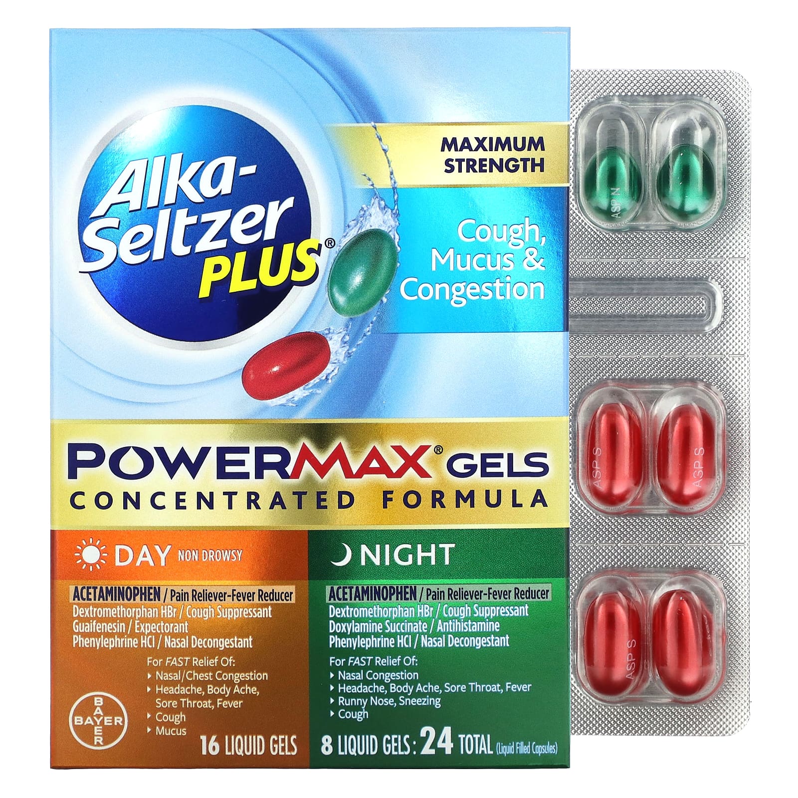 Alka-Seltzer Plus-Cough Mucus & Congestion PowerMax Gels-Maximum Strength-Day & Night-24 Liquid Gels