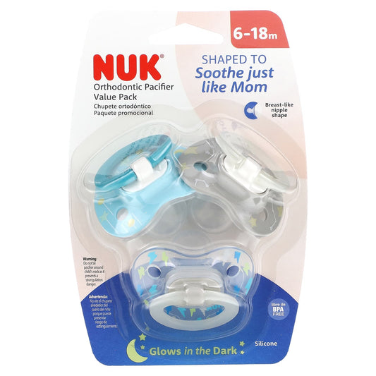 NUK-Glow in the Dark Orthodontic Pacifier-6-18 Months-Lightning Bolts and Stars-3 Value Pack