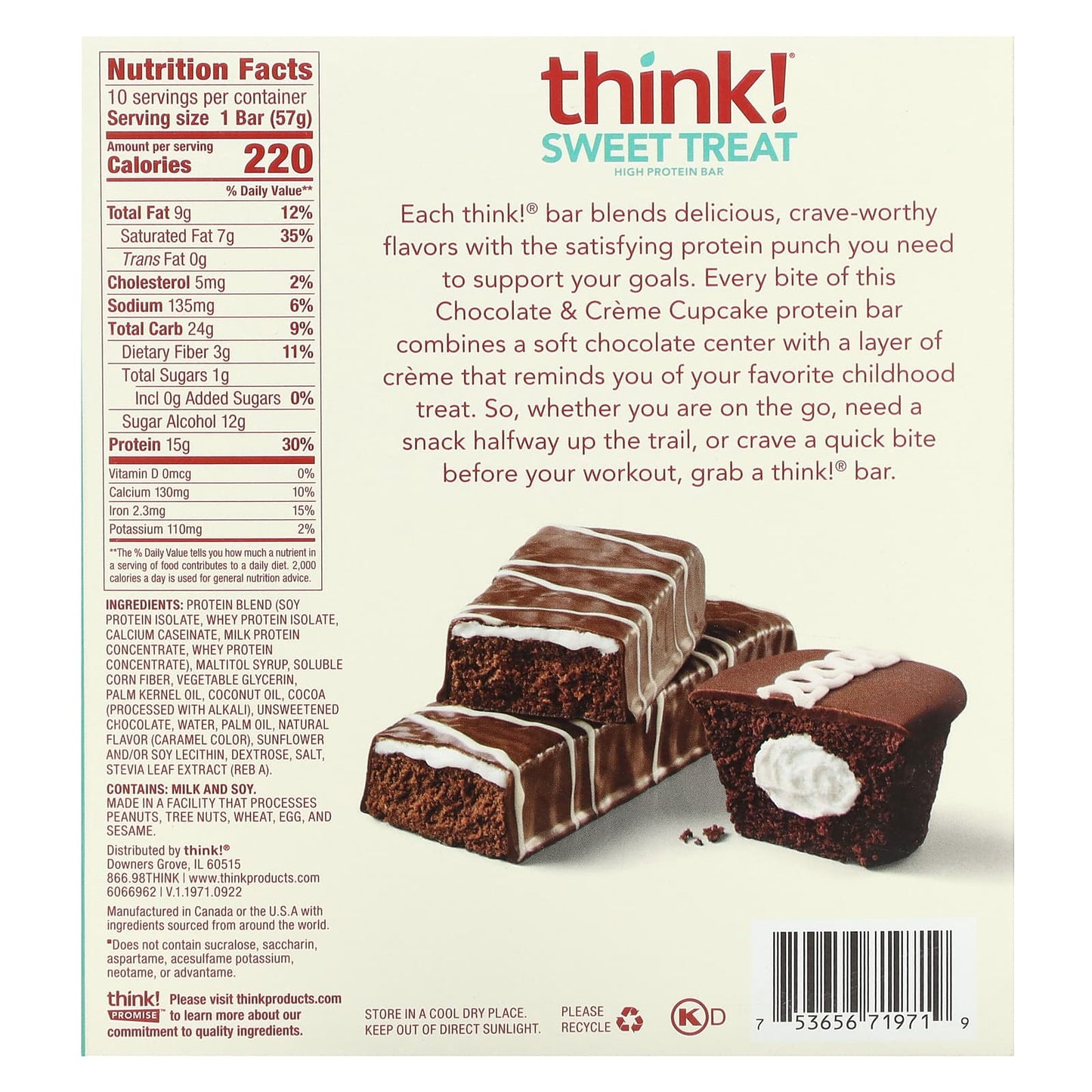 Think !, Sweet Treat High Protein Bar,  Chocolate & Creme Cupcake, 10 Bars, 2.01 oz (57 g) Each