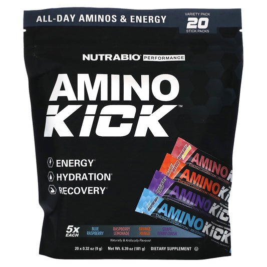 NutraBio-Amino Kick-Variety Pack-20 Sticks-0.32 oz (9 g) Each