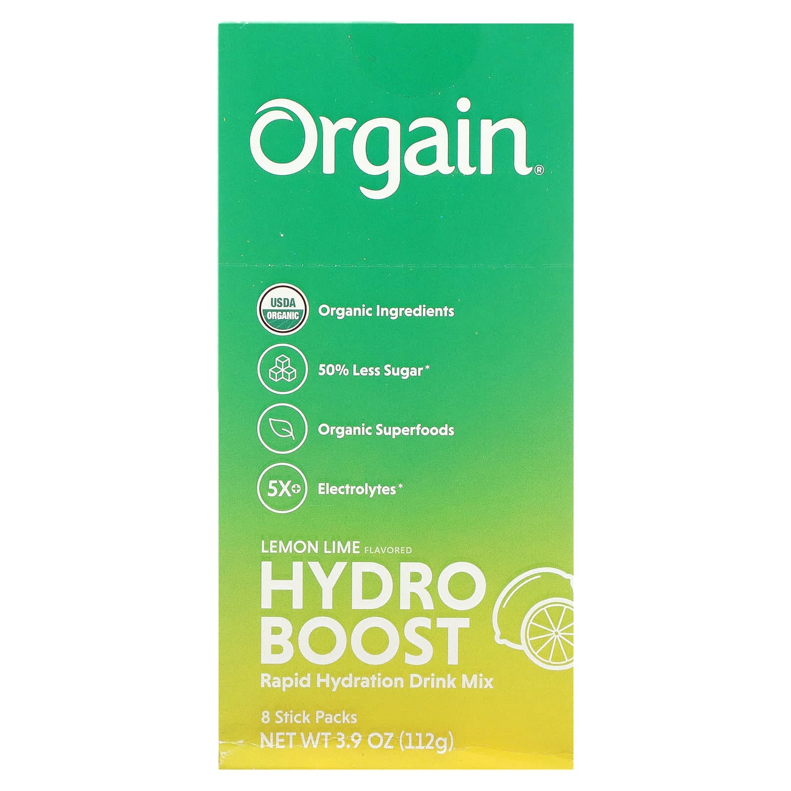 Orgain-Hydro Boost Rapid Hydration Drink Mix-Lemon Lime-8 Stick Packs-0.49 oz (14 g) Each