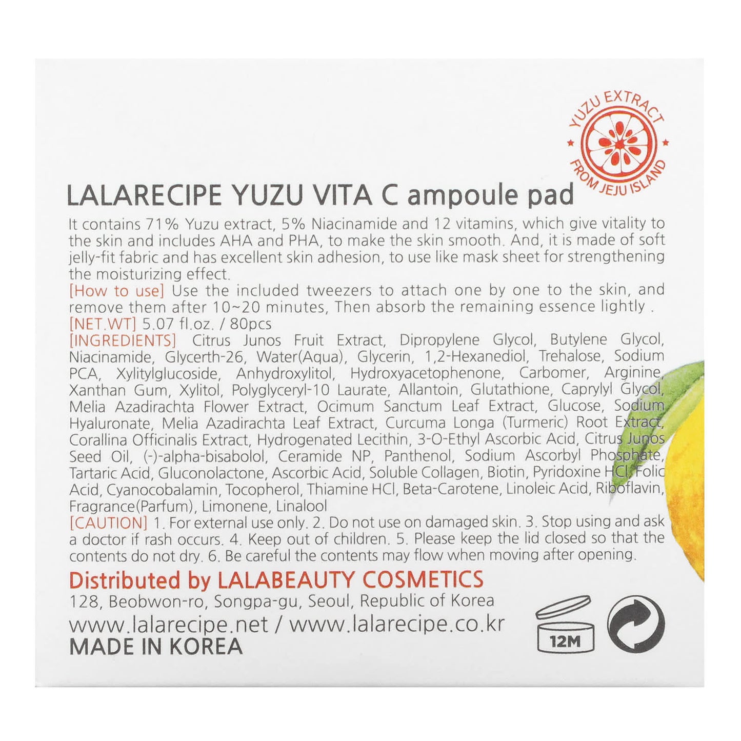 Lalarecipe, Yuzu Vita C Ampoule Pad, Illuminating Beauty Mask, 80 Pads, 5.07 fl oz (150 ml)