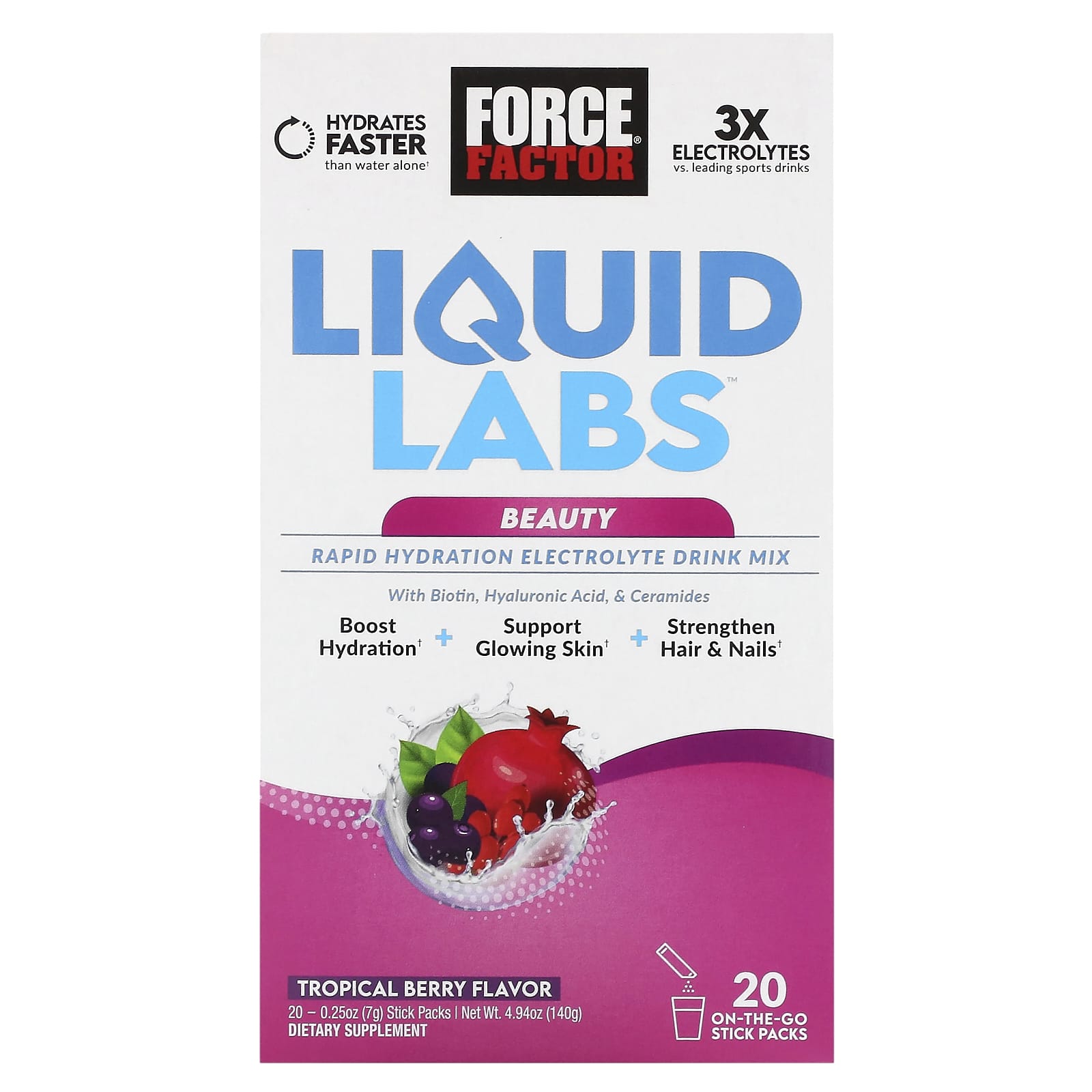 Force Factor-Liquid Labs Beauty-Rapid Hydration Electrolyte Drink Mix-Tropical Berry-20 Stick Packs-0.25 oz (7 g) Each