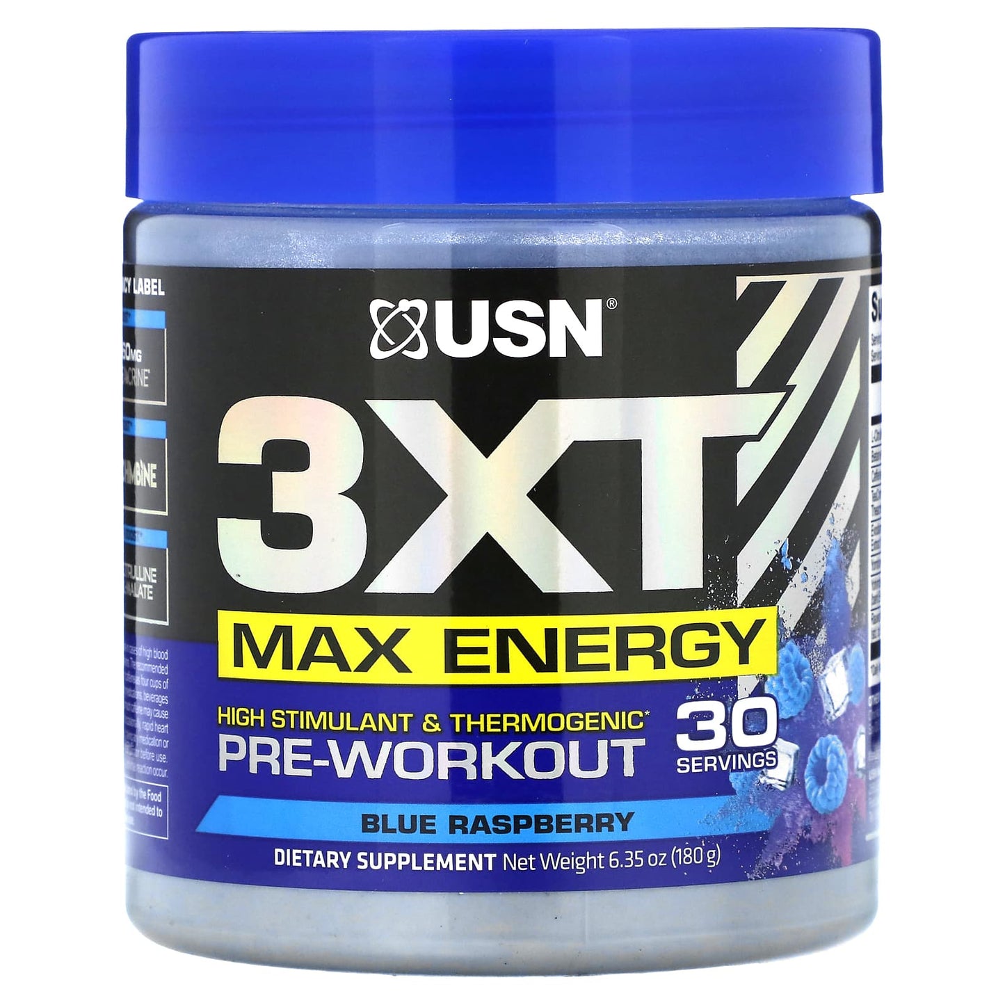 USN-3XT Max Energy-High Stimulant & Thermogenic Pre-Workout-Blue Raspberry -6.35 oz (180 g)