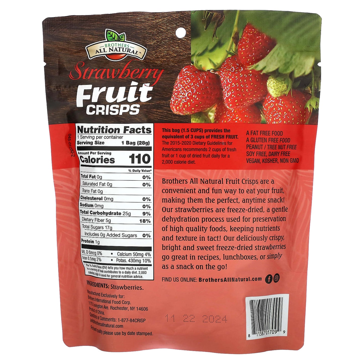 Brothers-All-Natural, Freeze Dried Sliced Fruit, Fruit Crisps, Strawberry, 1 oz (28 g)