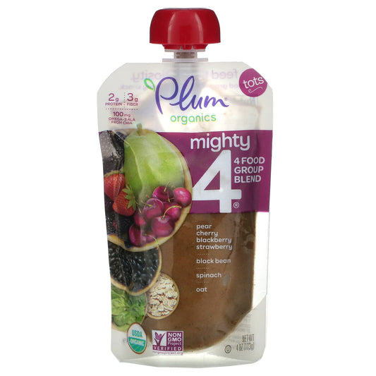 Plum Organics-Mighty 4-4 Food Group Blend-Tots-Pear-Cherry-Blackberry-Strawberry-Black Bean-Spinach-Oat-4 oz (113 g)