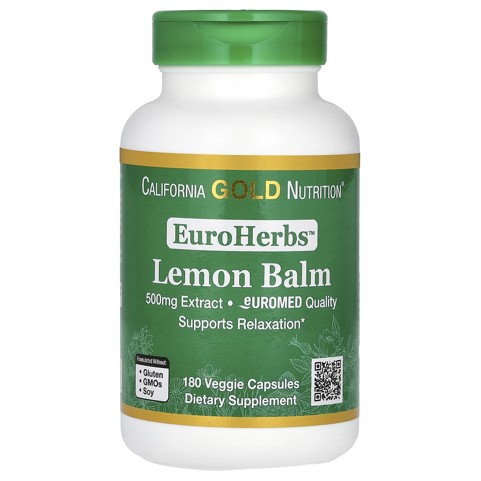 California Gold Nutrition-Lemon Balm Extract-EuroHerbs-European Quality-500 mg-180 Veggie Capsules