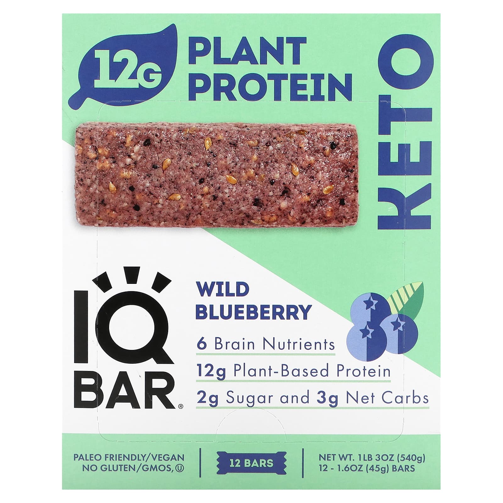 IQBAR-Plant Protein Bars-Wild Blueberry-12 Bars-1.6 oz (45 g) each