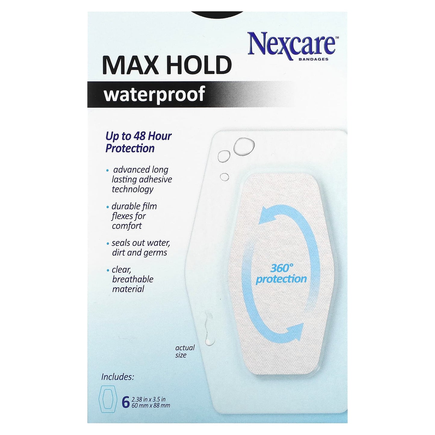 Nexcare, Clear Waterproof Bandages, Max Hold, Knee & Elbow, 6 Bandages