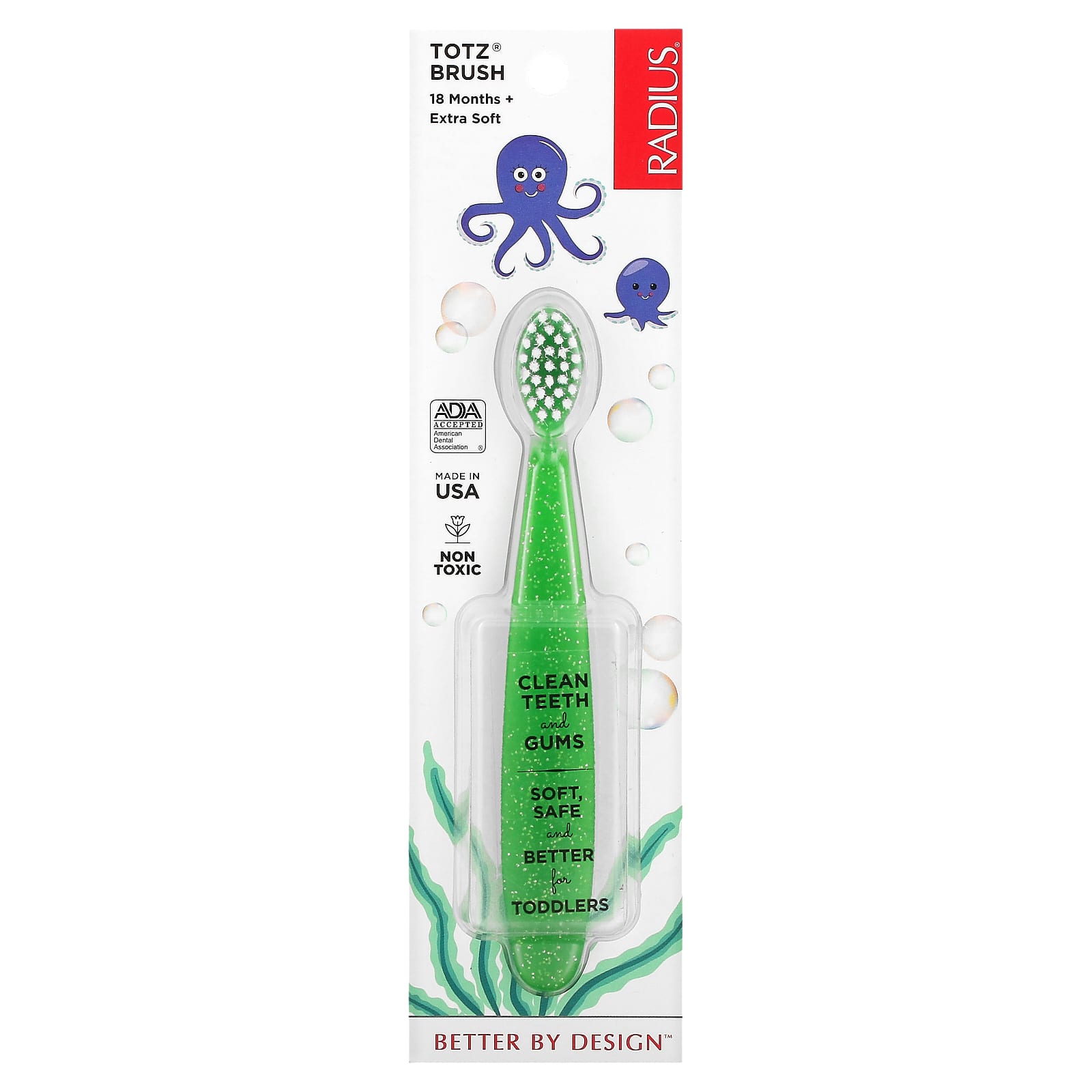 RADIUS-Totz Toothbrush-18 + Months-Extra Soft-Green Sparkle-1 Toothbrush