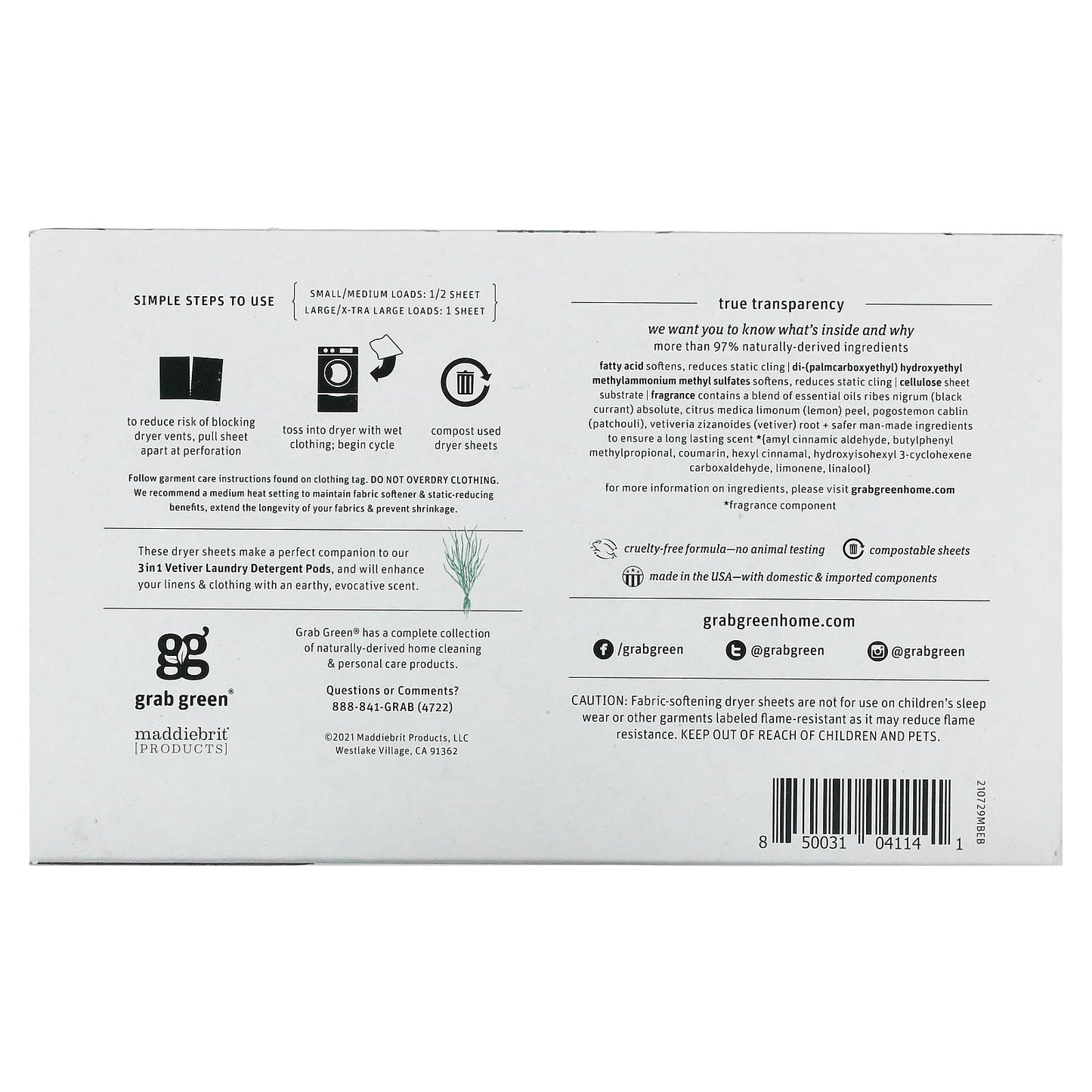 Grab Green, Dryer Sheets, Vetiver, 80 Compostable Sheets