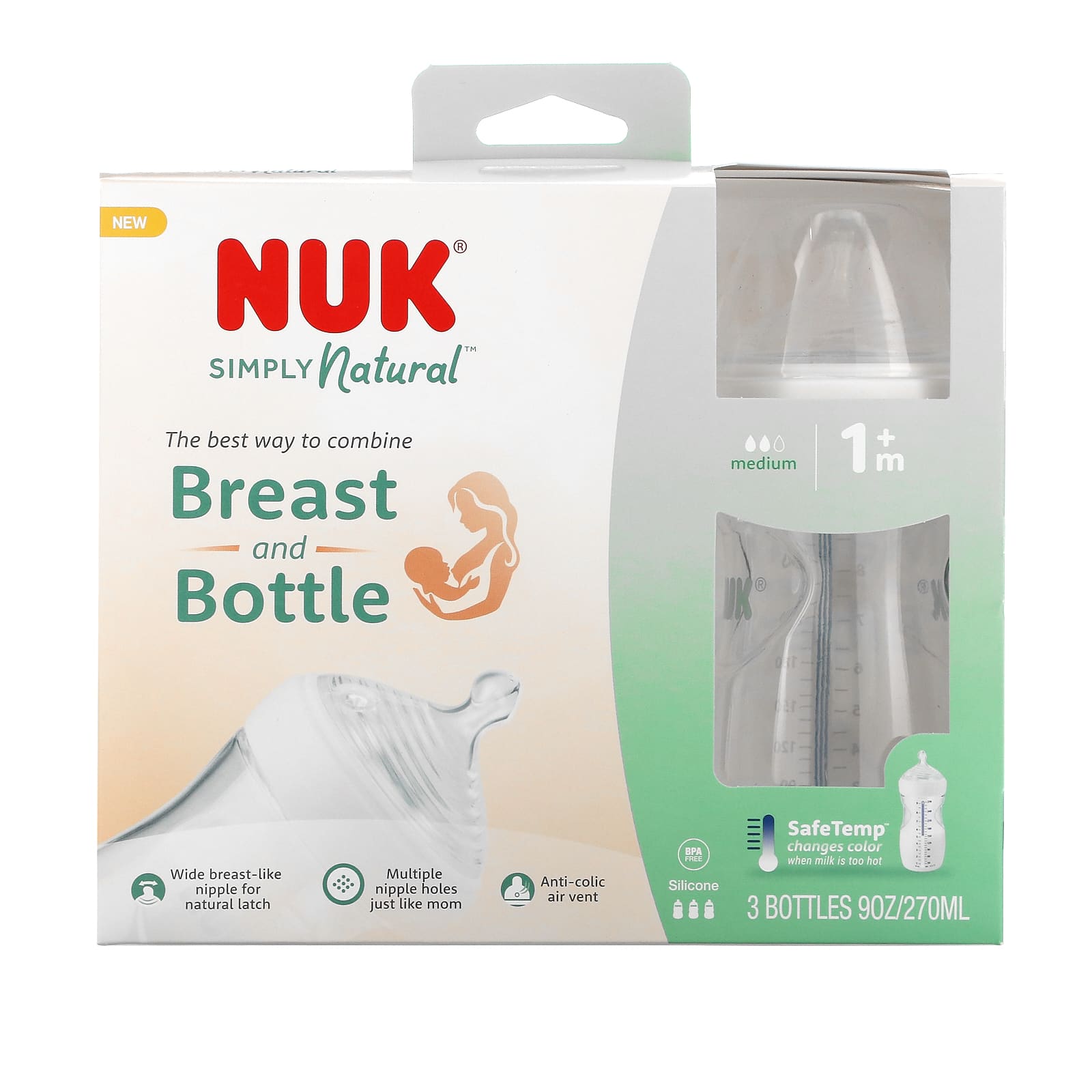 NUK-Simply Natural-Bottles-1+ Months-Medium Flow-3 Bottles-9 oz (270 ml) Each