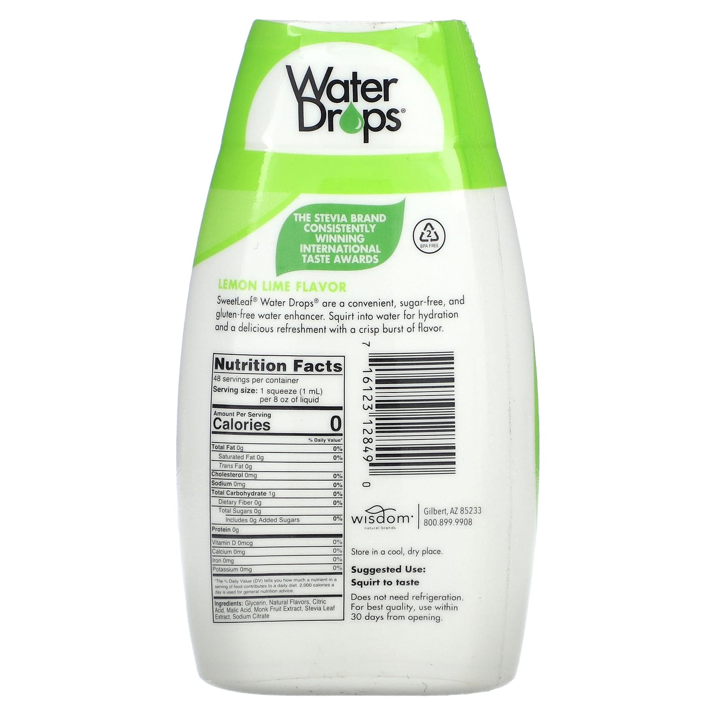 Wisdom Natural, SweetLeaf, Water Drops, Delicious Stevia Water Enhancer, Lemon Lime, 1.62 fl oz (48 ml)