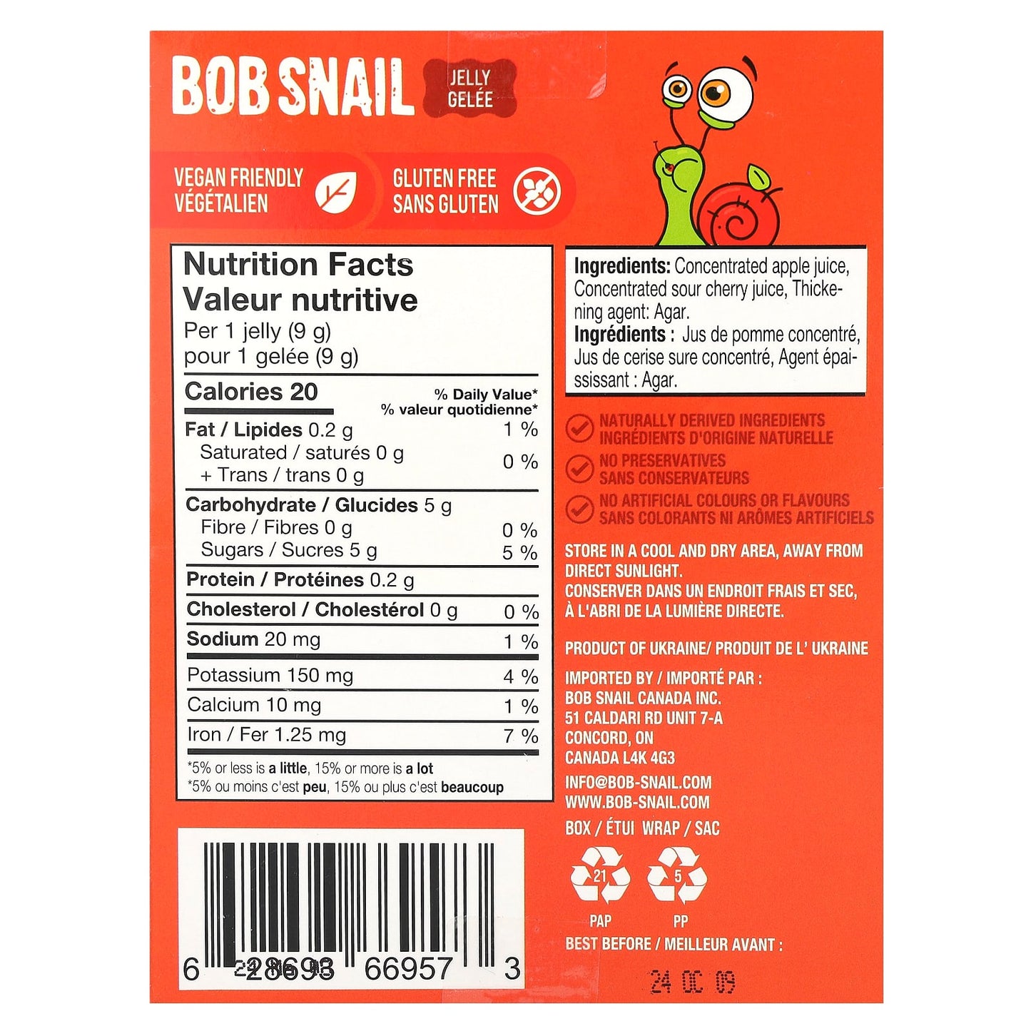 Bob Snail, Fruit Jelly, Apple-Sour Cherry, 10 Count, 9 g Each