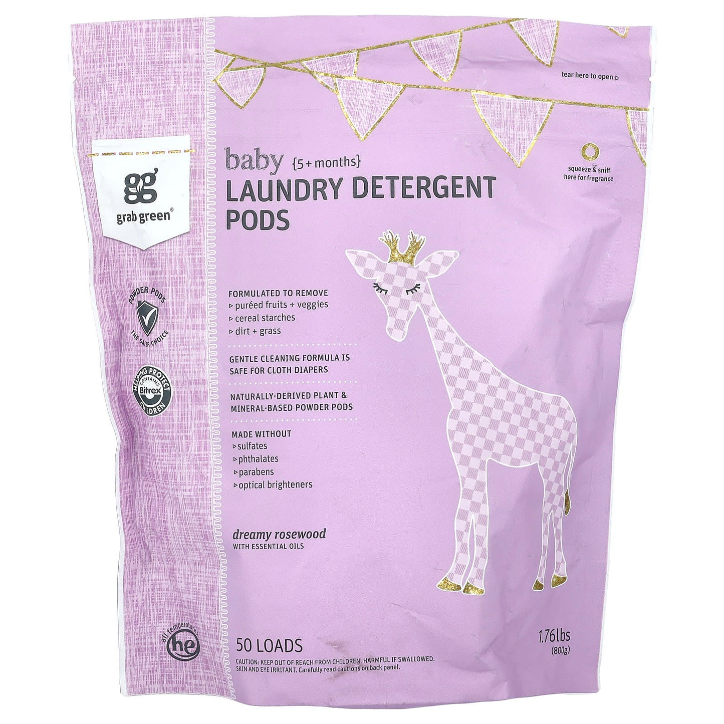 Grab Green-Laundry Detergent Pods-Baby-5+ Months-Dreamy Rosewood with Essential Oils-50 Loads-1.76 lbs (800 g)