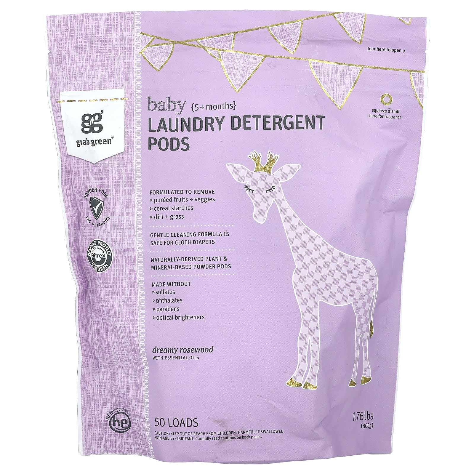 Grab Green-Laundry Detergent Pods-Baby-5+ Months-Dreamy Rosewood with Essential Oils-50 Loads-1.76 lbs (800 g)