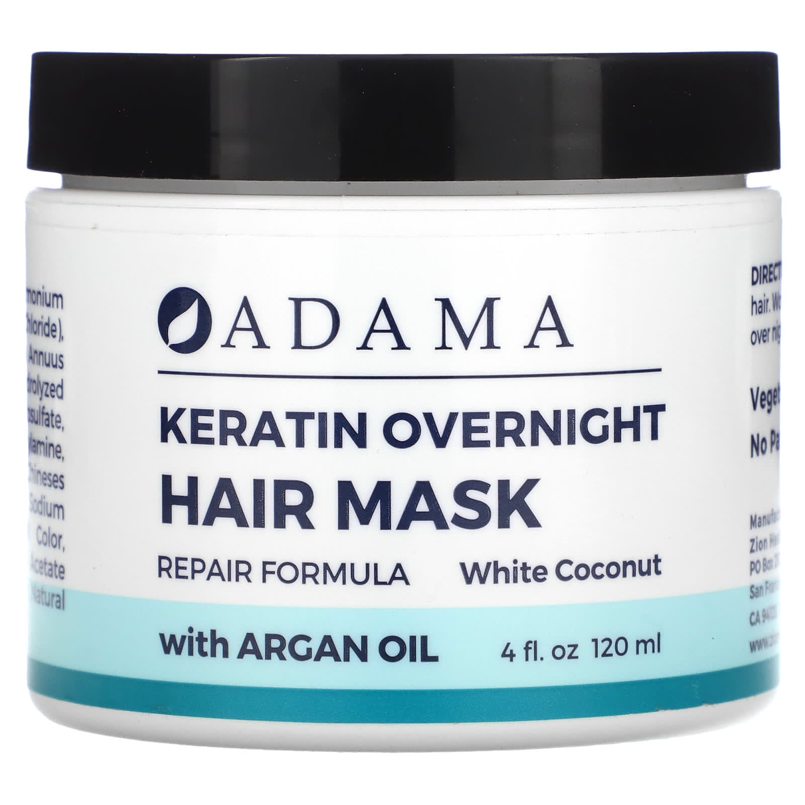 Zion Health-Adama-Keratin Overnight Hair Mask-White Coconut-4 fl oz (120 ml)