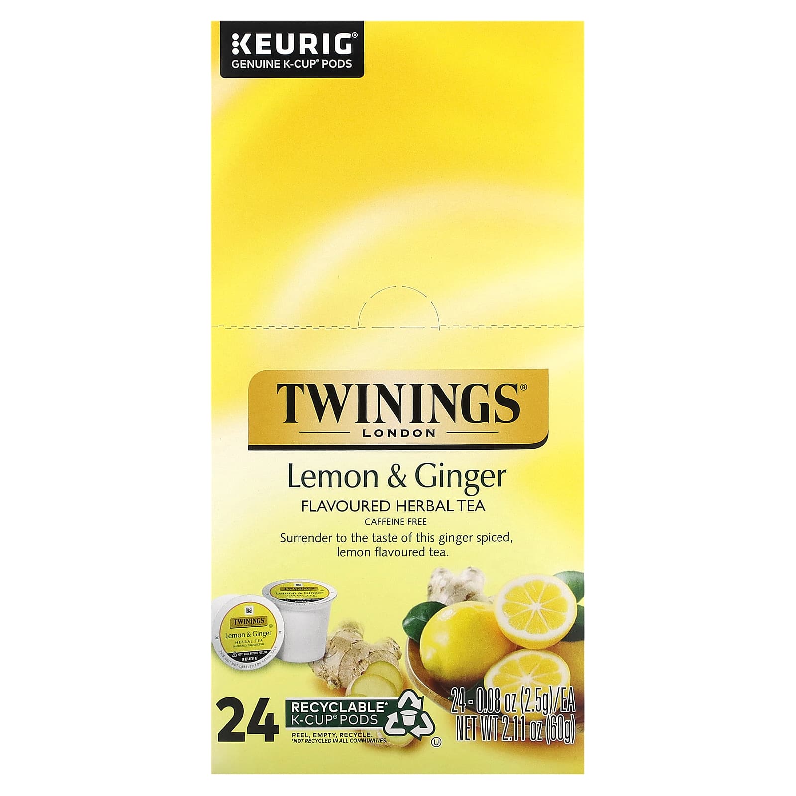 Twinings-Herbal Tea-Lemon & Ginger-Caffeine Free-24 K-Cup Pods-0.08 oz (2.5 g) Each