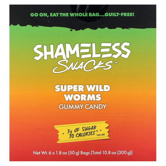 Shameless Snacks-Super Wild Worms Gummy Candy-Green Apple and Strawberry-6 Bags-1.8 oz (50 g) Each