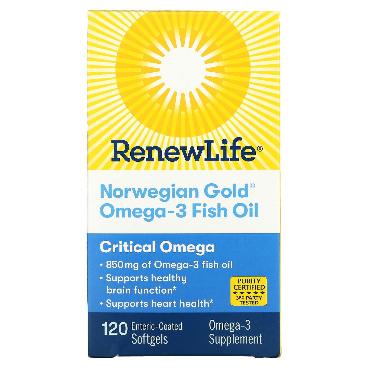 Renew Life-Norwegian Gold Omega-3 Fish Oil-850 mg-120 Enteric-Coated Softgels