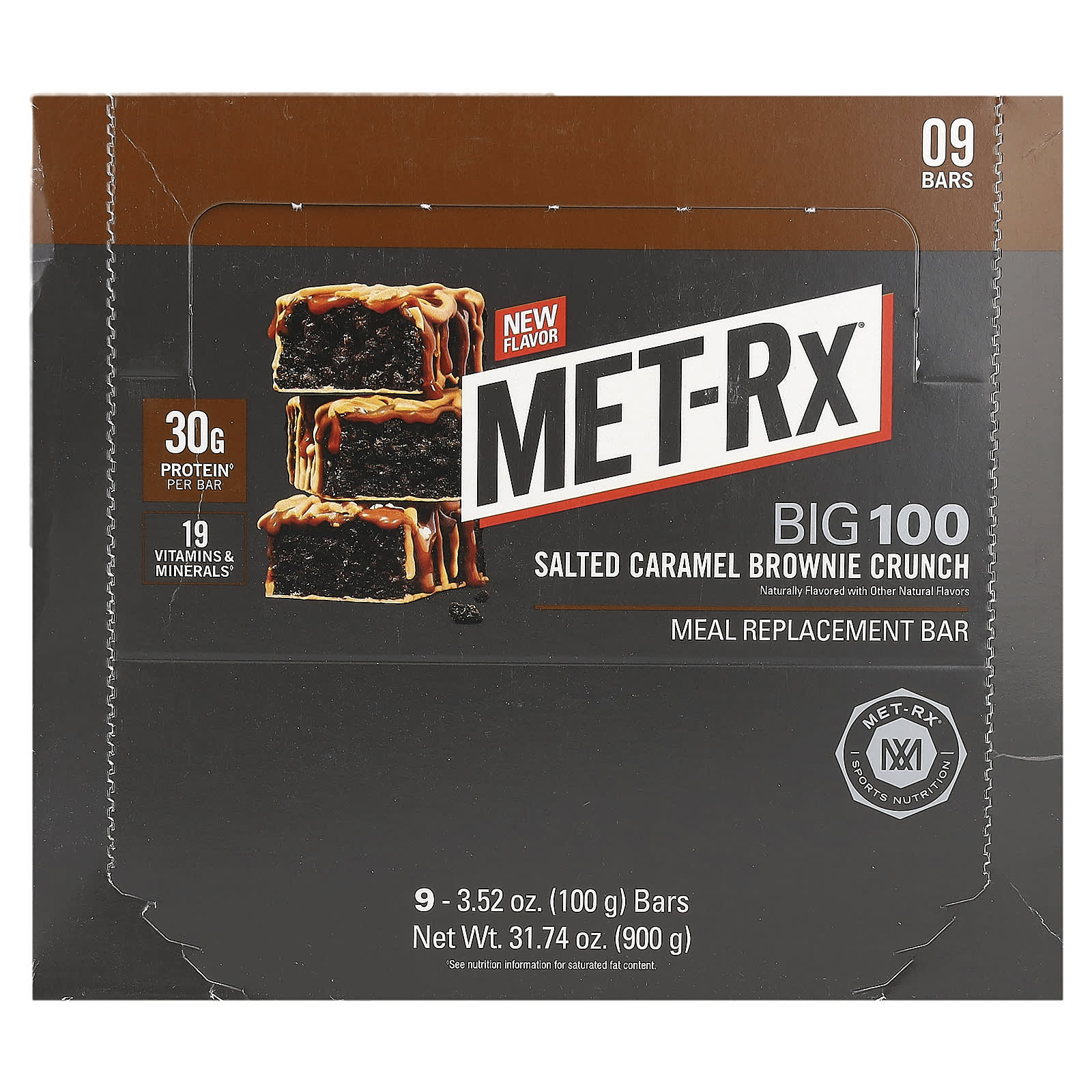 MET-Rx-Big 100-Meal Replacement Bar-Salted Caramel Brownie Crunch -9 Bars-3.52 oz (100 g) Each