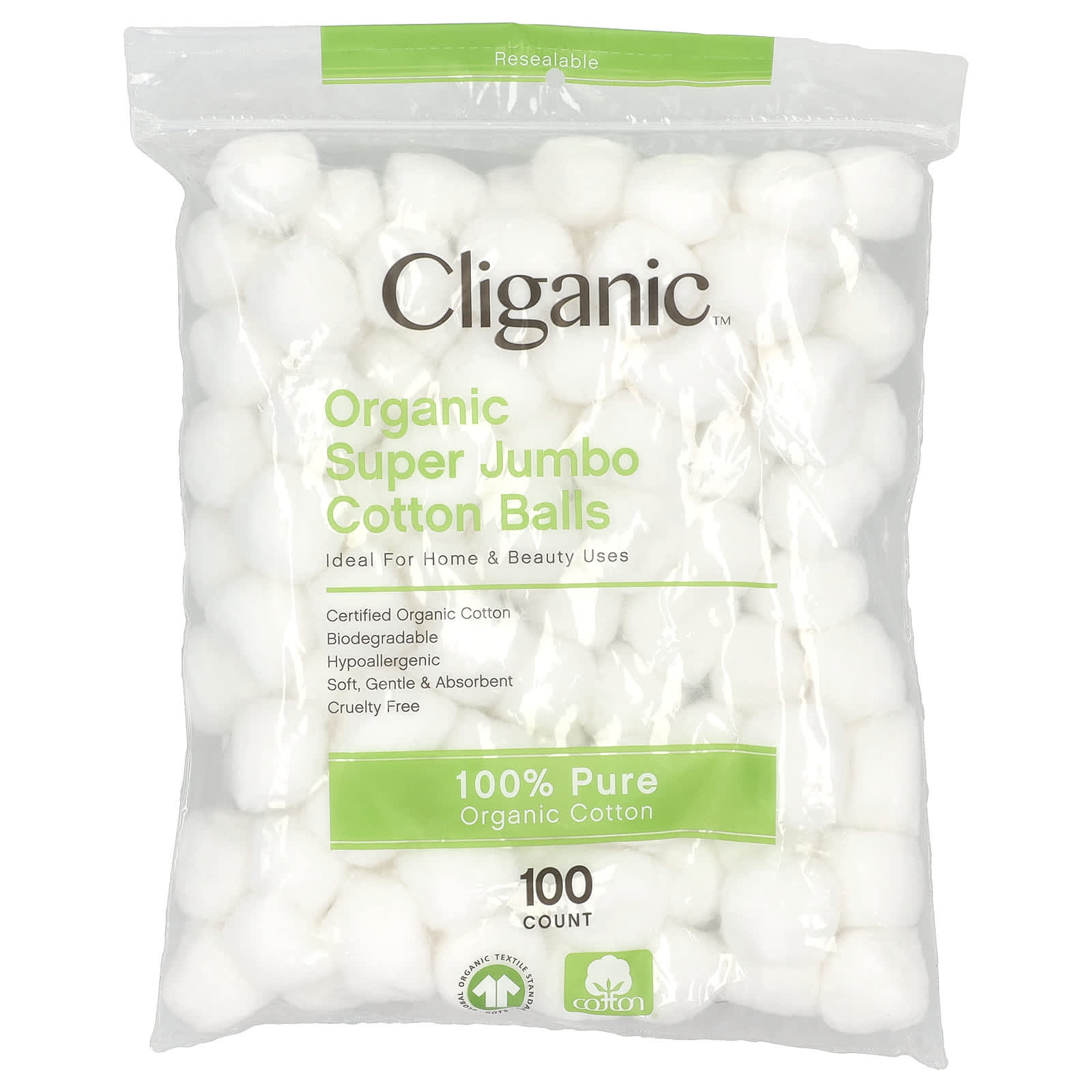 Cliganic-Organic Super Jumbo Cotton Balls-100 Count