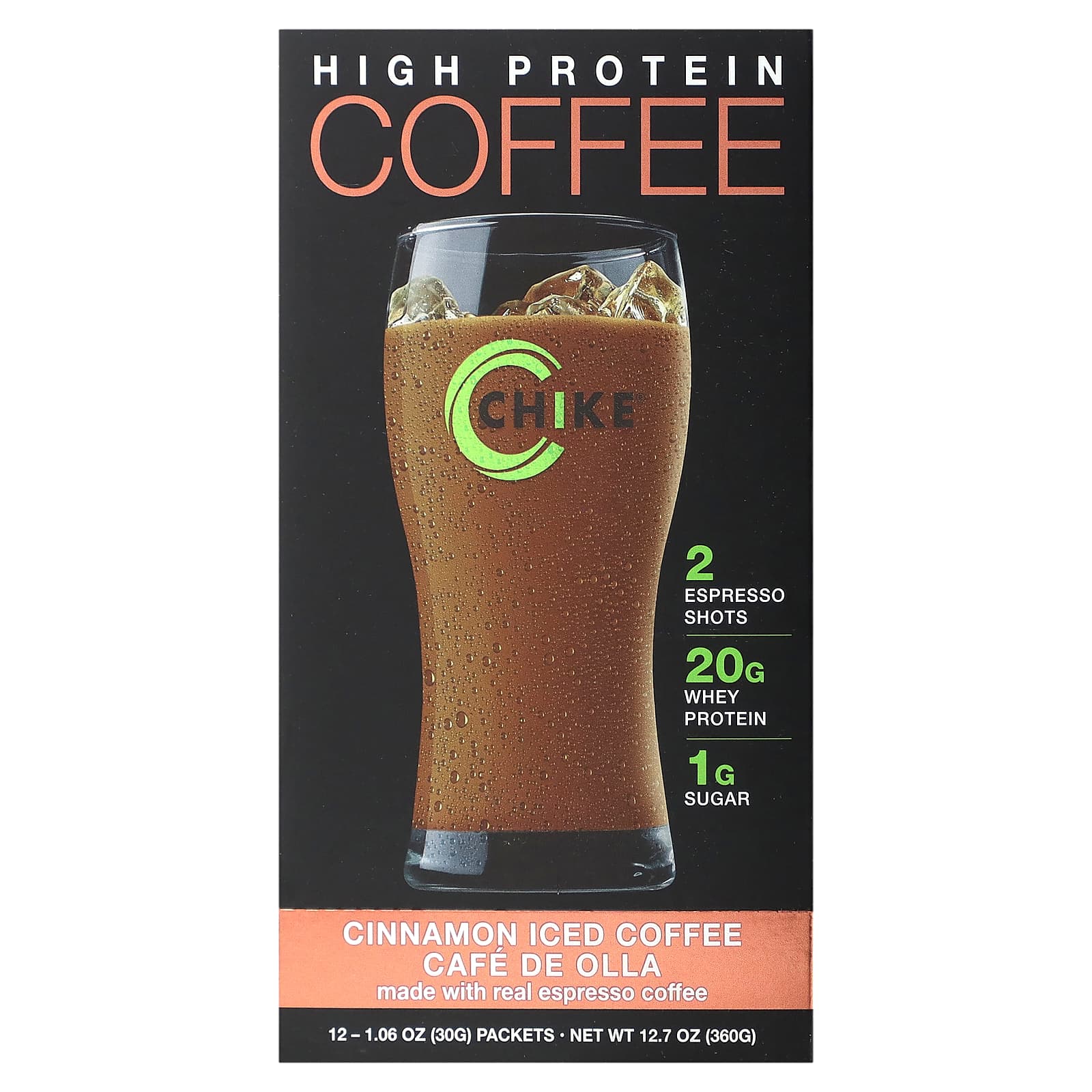 Chike Nutrition-High Protein Iced Coffee-Cinnamon-12 Packets-1.06 oz (30 g) Each